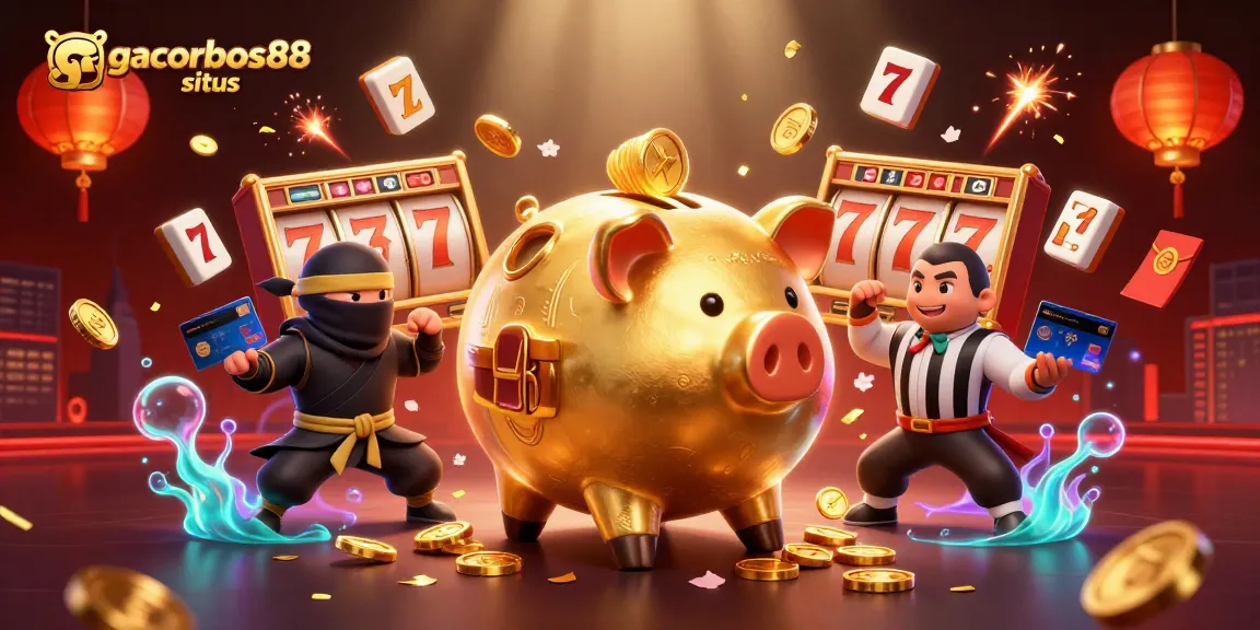 Spin with gacorbos88 situs and experience thrilling slots featuring a golden piggy bank sumo wrestler.