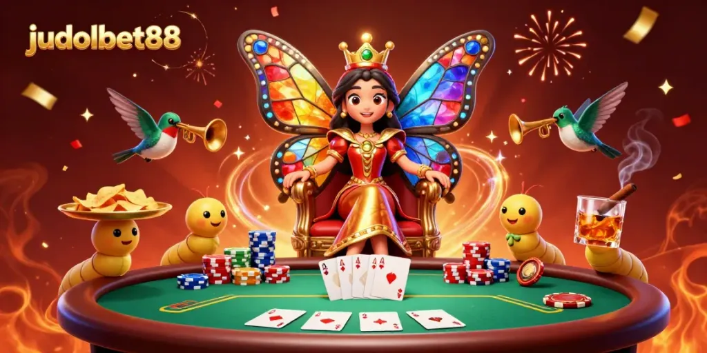 Experience the vibrant world of judolbet88 with a colorful 3D illustration of casino elements celebrating victories.