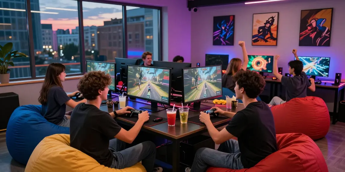 Group of friends enjoying a gaming session at rokok88 lounge with vibrant urban backdrop.