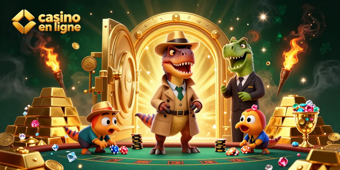 Jouer à des jeux dans un casino en ligne avec des personnages de dinosaures dans une scène dynamique et riche en détails