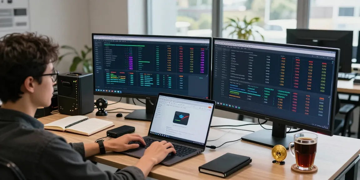 Regulated crypto mining platform setup showcasing mining metrics, digital wallets, and security devices in a modern office.