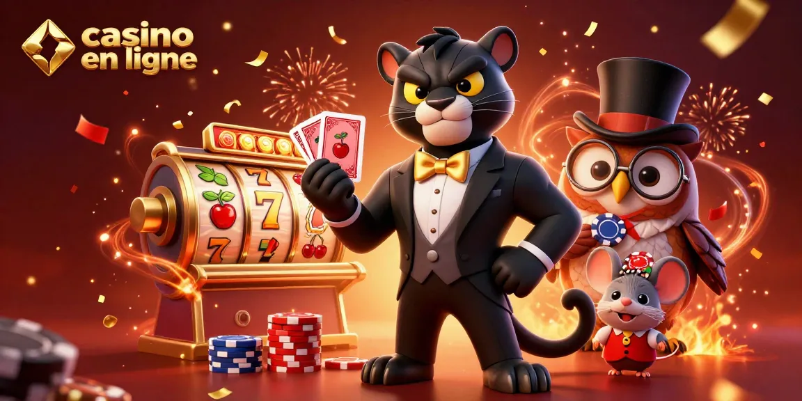 Le casino en ligne avec une panthère élégante distribuant des cartes parmi des éléments de jeu festifs.