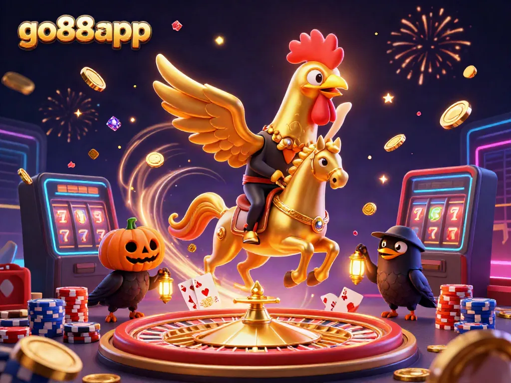 Experience the thrill of go88app as the golden rooster carries its glowing head in a vibrant casino setting.