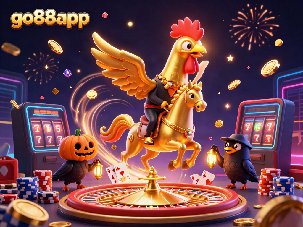Experience the thrill of go88app as the golden rooster carries its glowing head in a vibrant casino setting.