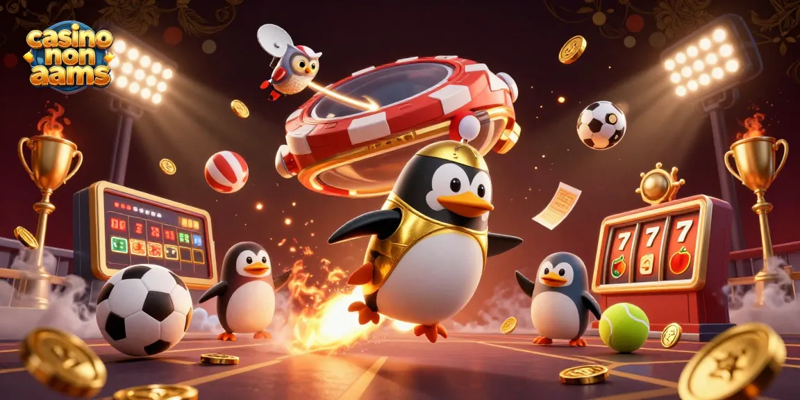 Giocatori vincenti in un casino non AAMS con un pinguino dorato e palloni sportivi