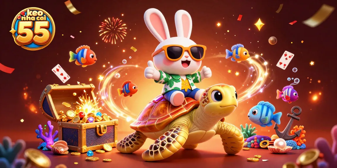 Win big with keo nha cai 55 in this vibrant cartoon gambling scene featuring a lucky rabbit and turtle.