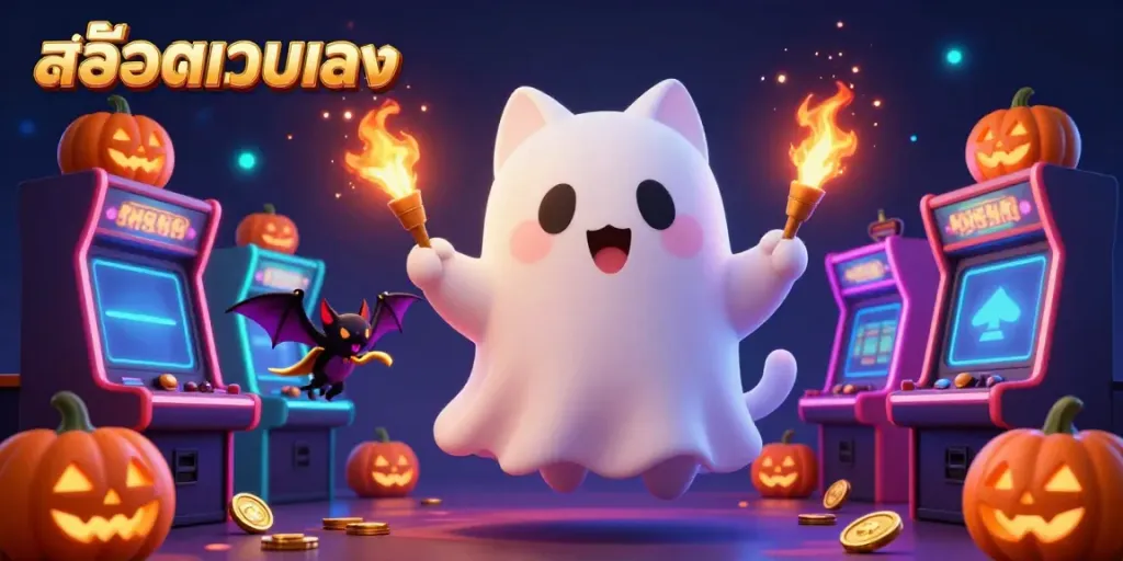 Engage with สล็อตเว็บตรง in a mesmerizing casino scene featuring floating ghost cat, vampire bat, and glowing pumpkins.