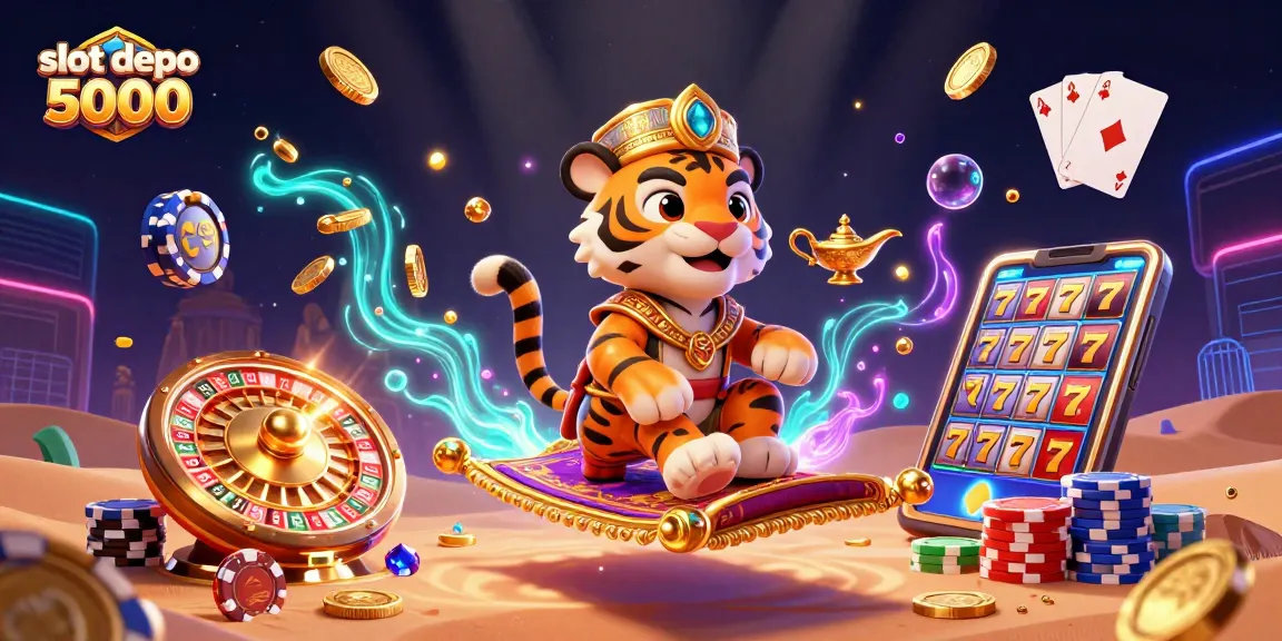 Play engaging slot depo 5000 with vibrant elements in an exciting casino-themed digital illustration.
