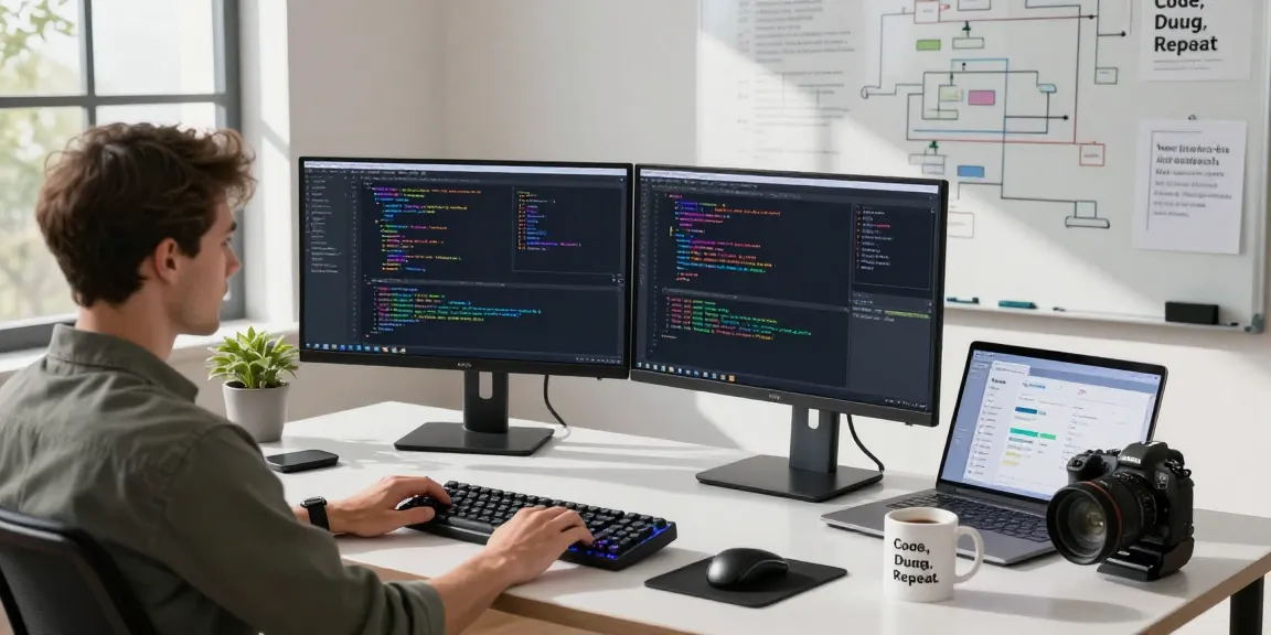 Dynamic software development environment featuring 纸飞机中文版官网 coding activities on dual monitors in a bright workspace.
