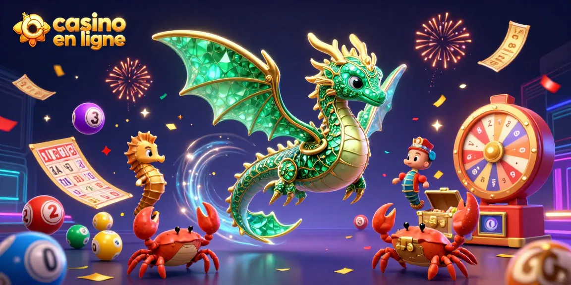 Profitez de l'expérience d'un casino en ligne avec un dragon de mer 3D et des éléments de jeux colorés.