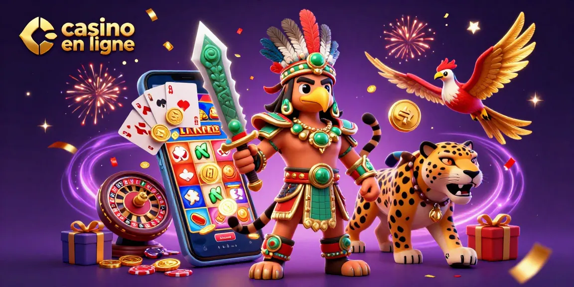 jouer sur un casino en ligne avec une illustration 3D d'un guerrier aztèque et des jeux de casino