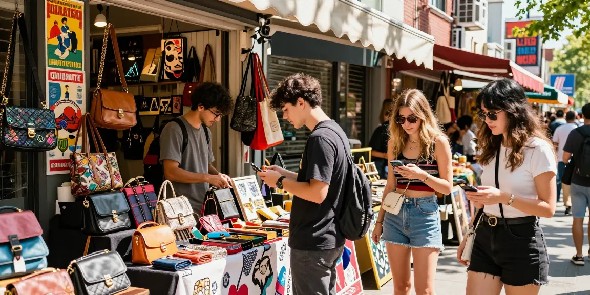 Replica fashion shopping in a vibrant urban market, showcasing trendy styles.