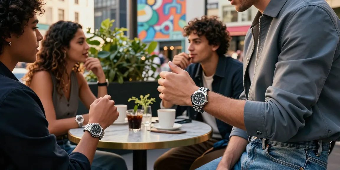 Group of friends wearing stylish super clone watches at an urban café.