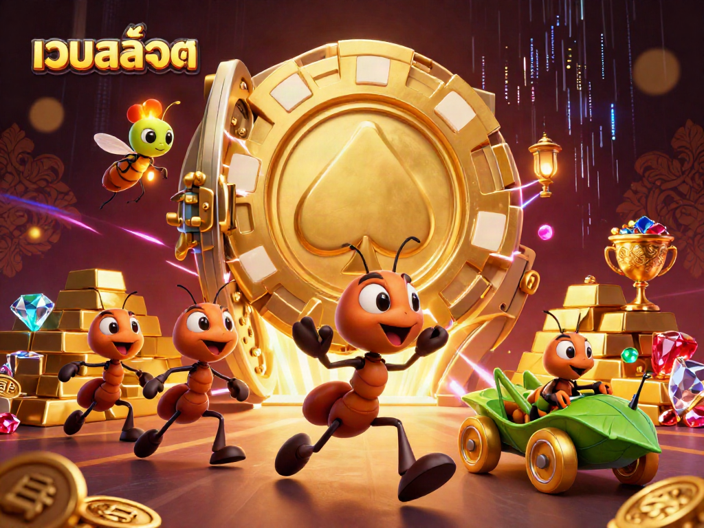 Join the thrilling heist in a vibrant casino scene with เว็บสล็อต themes, featuring cartoon ants and dazzling treasures.