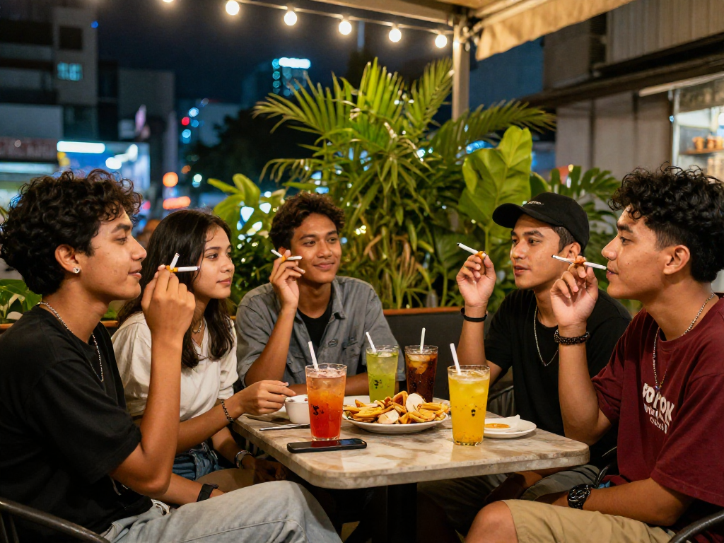 Friends enjoying a vibrant evening with rokok 88 cigarettes at an outdoor café, lively atmosphere and city lights.