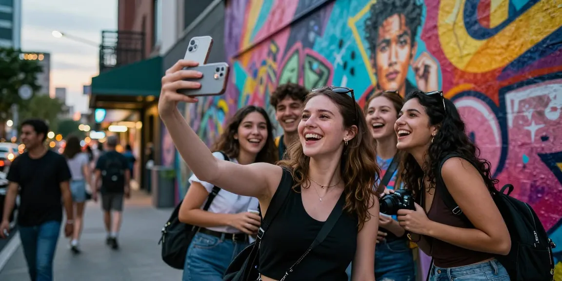 Young woman excitedly taking a selfie to find her celebrity look alike with friends in a vibrant urban setting.