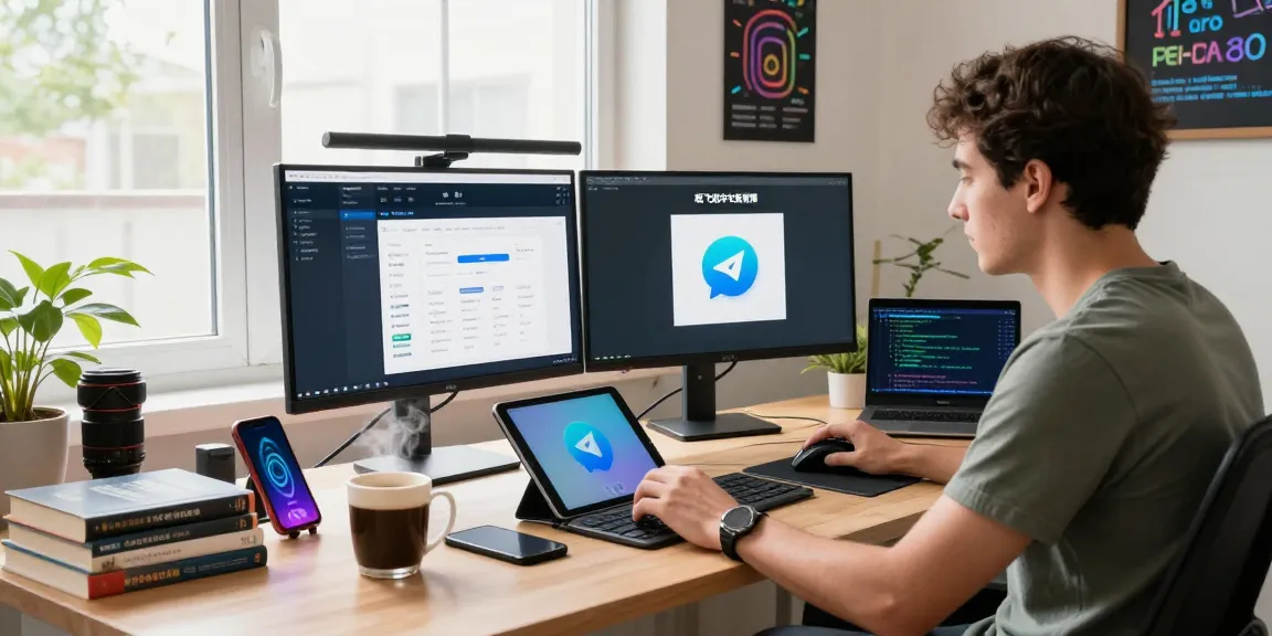 Engaging tech workspace with a user on 纸飞机中文版官网 and dual screens showcasing features, inviting and modern atmosphere.