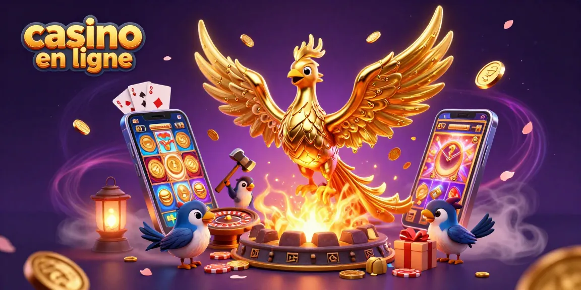 Une illustration dynamique représentant un casino en ligne avec un phénix doré et des éléments de jeu.