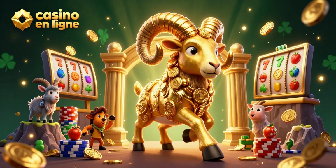Illustration dynamique d'un ram doré représentant le casino en ligne, avec des éléments de jeux autour.