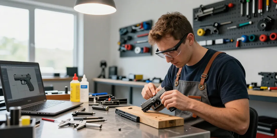 Gunsmith at https://precisionglockslides.com assembling a Glock slide in a modern workshop with tools and components.