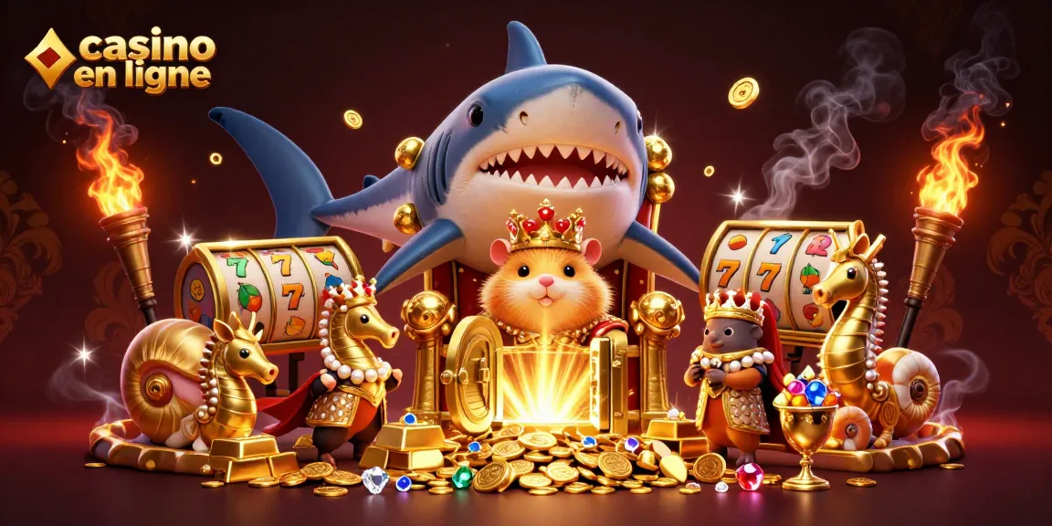 Illustration d'un roi hamster à la couronne corail jouant à des machines à sous dans un casino en ligne.