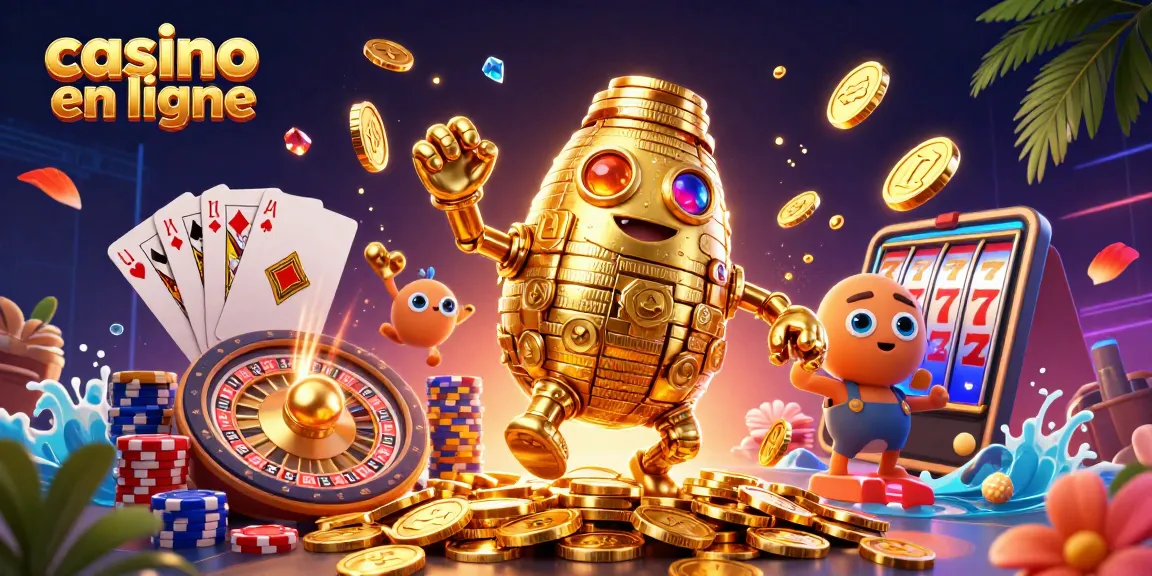 Illustration dynamique de casino en ligne avec un golem doré entouré de pièces et de jeux de cartes.