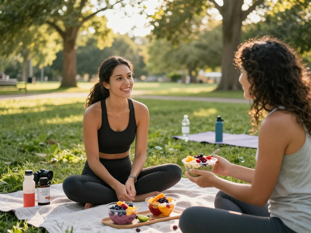 Healthy lifestyle discussion featuring astaxanthin Canada smoothie bowls in a serene park