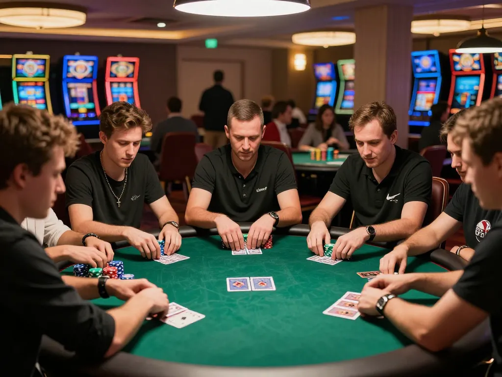 Players at a table showcasing strategy and excitement in a 92slot poker game, capturing the essence of competitive gambling.