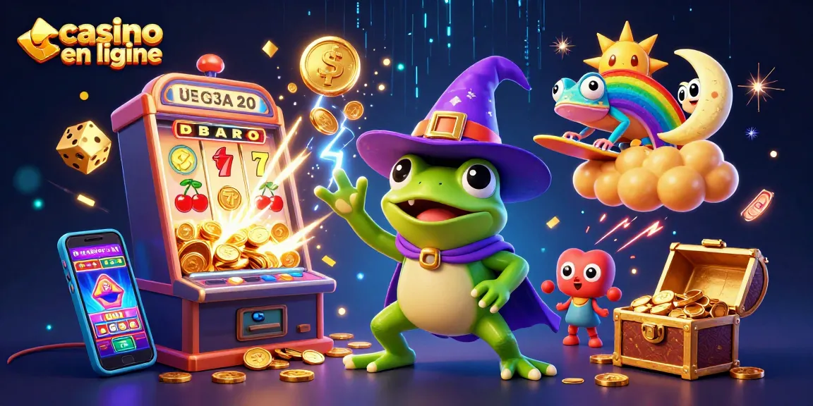 Plongez dans l'univers du casino en ligne avec une illustration dynamique d'une grenouille sorcière et d'un caméléon sur une machine à sous.