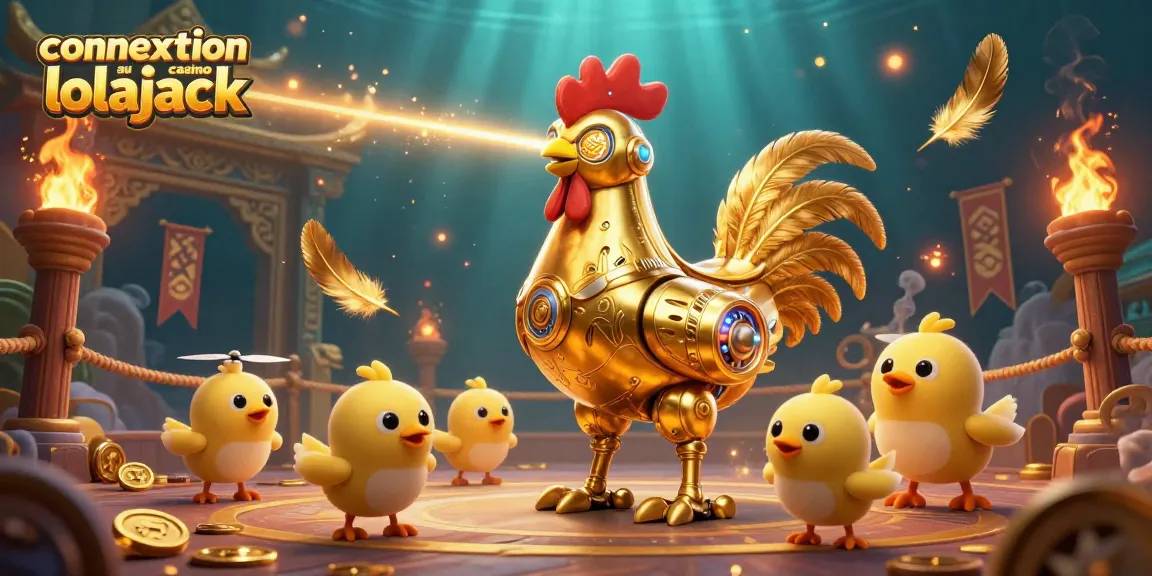 Experience the excitement at connexion au casino lolajack with this vibrant 3D illustration showcasing a golden rooster robot and chick drones.