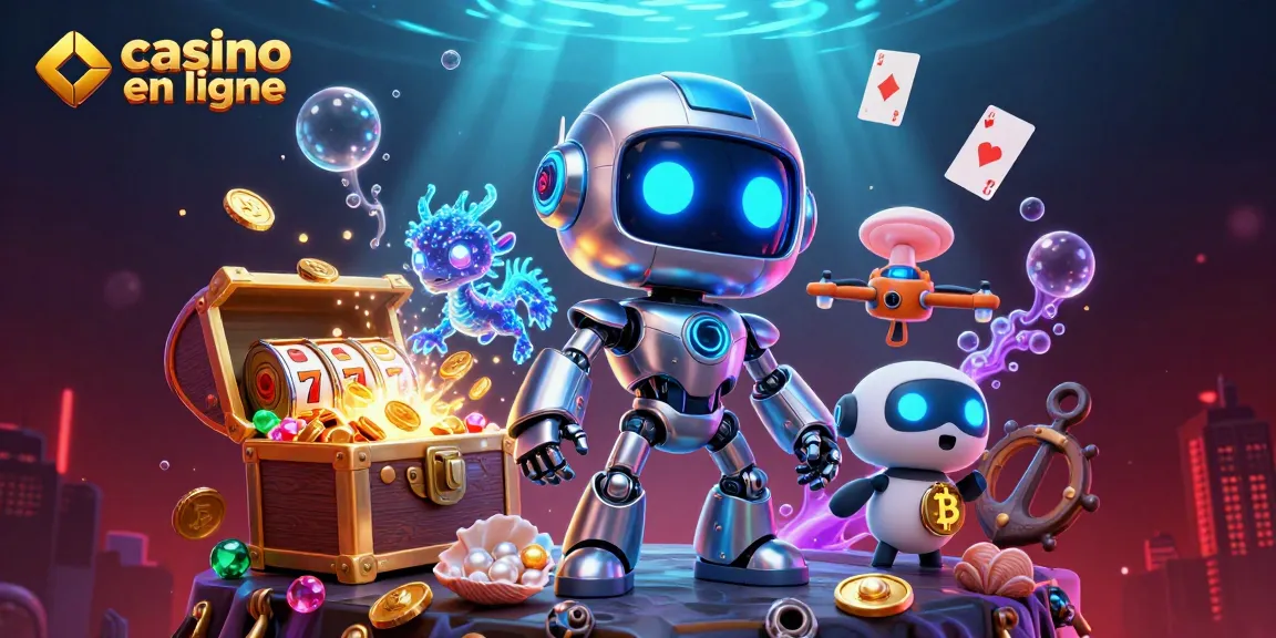 Visitez un casino en ligne coloré avec un robot holographique, des pièces d'or et des machines à sous.