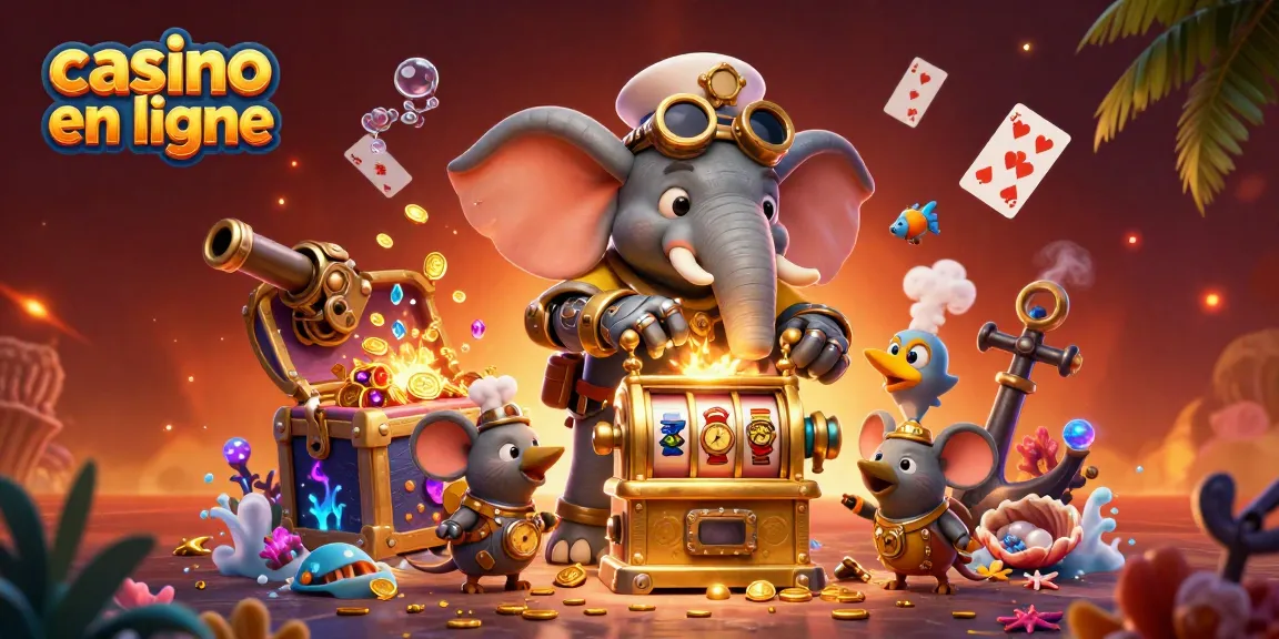 Profitez des jeux de casino en ligne avec un éléphant steampunk et une machine à sous dorée dans un décor vibrant.