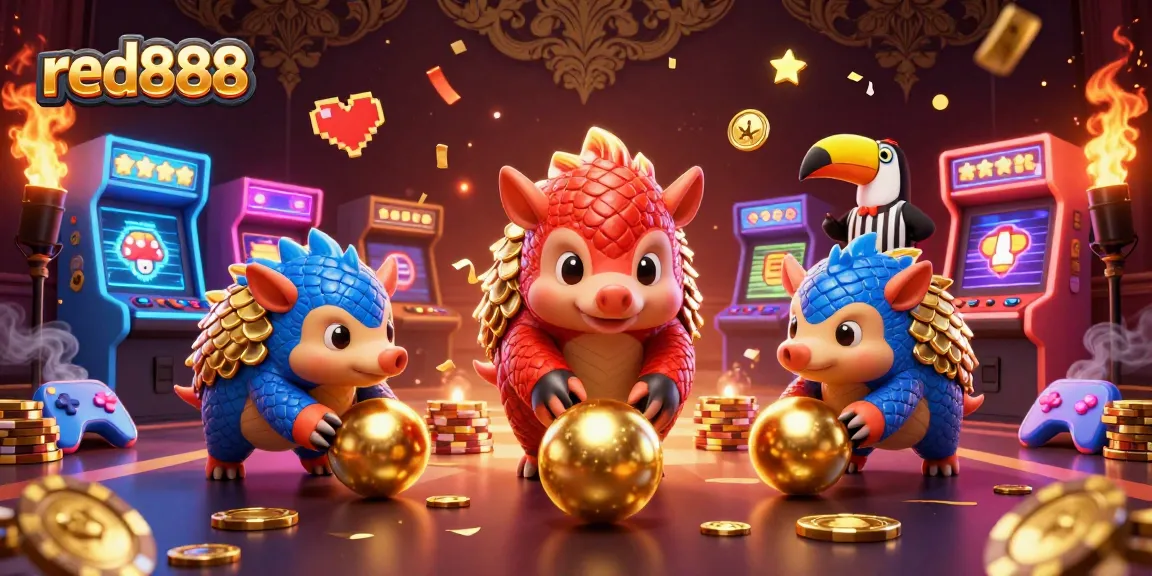 Experience the excitement of red888 as cartoon pangolins compete in a vibrant casino arena.