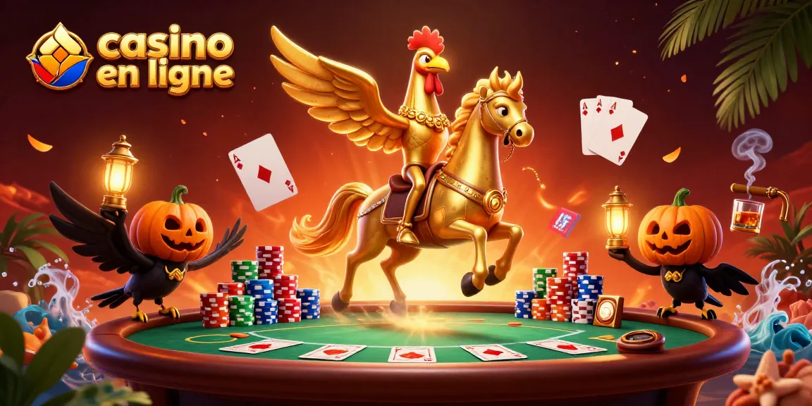 Les personnages de casino en ligne, un coq doré et des corbeaux, animant un casino nocturne rempli de jetons.