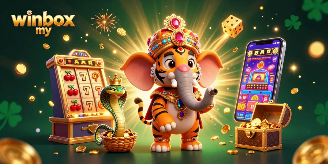 Winbox MY showcases a vibrant 3D casino scene featuring thrilling slots and a jackpot explosion.
