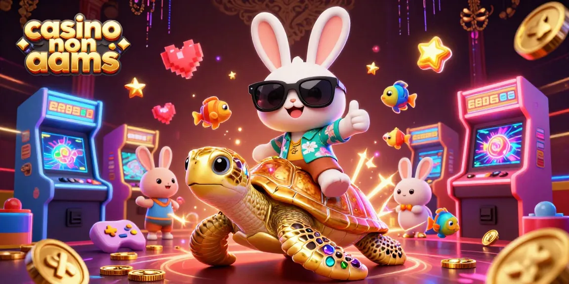 Casino non AAMS con un coniglio 3D che celebra la vincita su una tartaruga d'oro tra giochi d'azzardo animati.