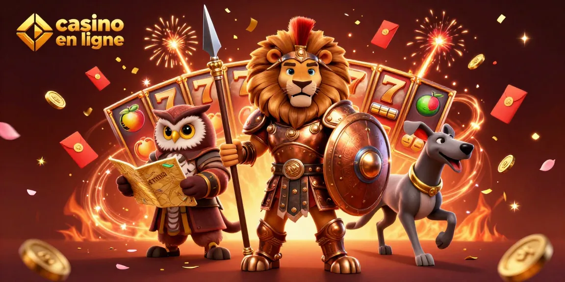 Vivez l'expérience du casino en ligne avec ces personnages dans une illustration dynamique entourée de machines à sous.