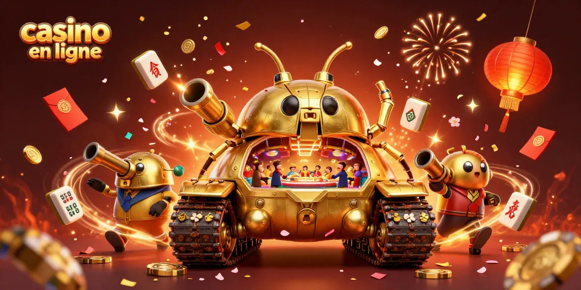 Jouez à des jeux de casino en ligne sur une illustration d'un tank doré avec un casino miniature.