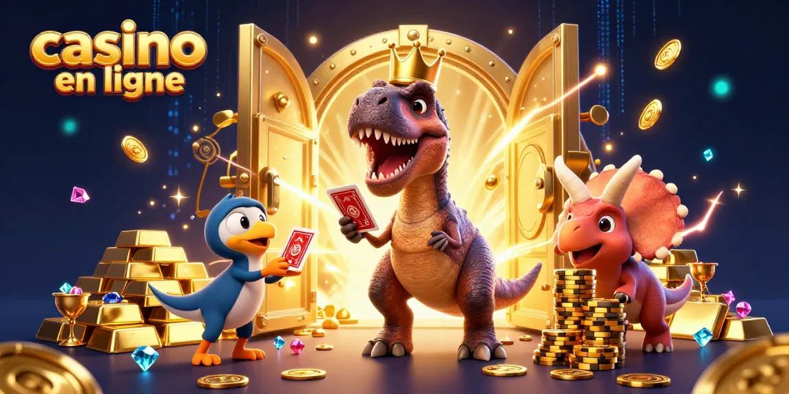 Le T-Rex mignon joue aux cartes dans un casino en ligne avec des trésors étincelants.