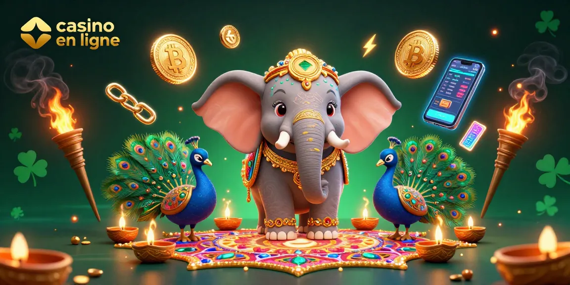 Jouez sur casino en ligne avec un éléphant et un paon colorés dans un décor festif.