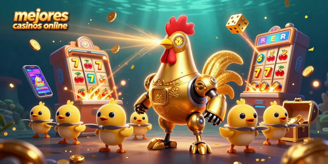 Ilustra los mejores casinos online con un robot gallo en un vibrante entorno de tragamonedas y premios.
