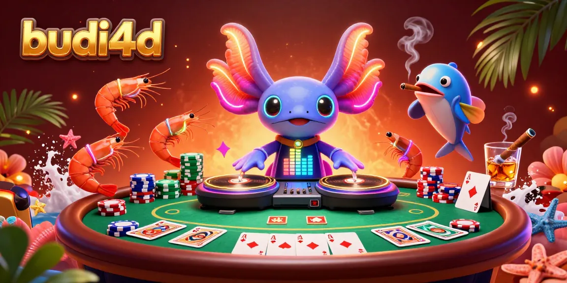 Experience excitement with budi4d in this vibrant casino scene featuring a neon-colored DJ and poker elements.
