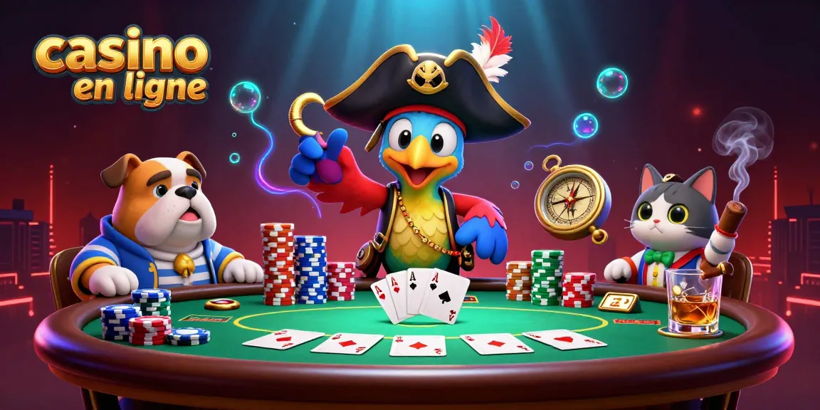 Casino en ligne : Une illustration dynamique d'un pirate, d'un bulldog et d'un chat jouant au poker.