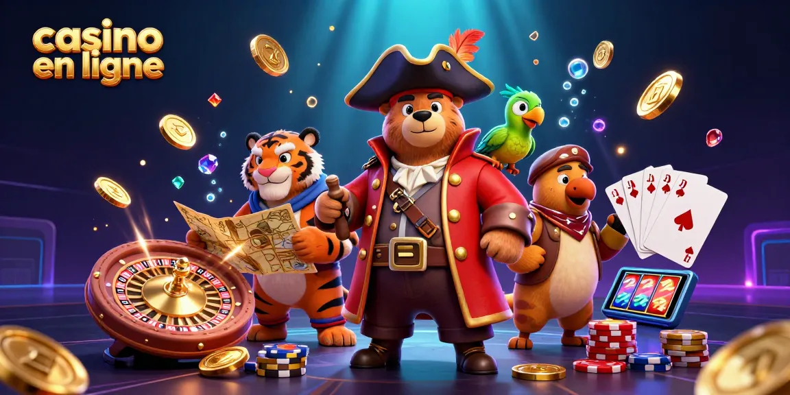 Illustration 3D de casino en ligne avec un ours pirate, un tigre et un perroquet, entourés de pièces d'or et de cartes.