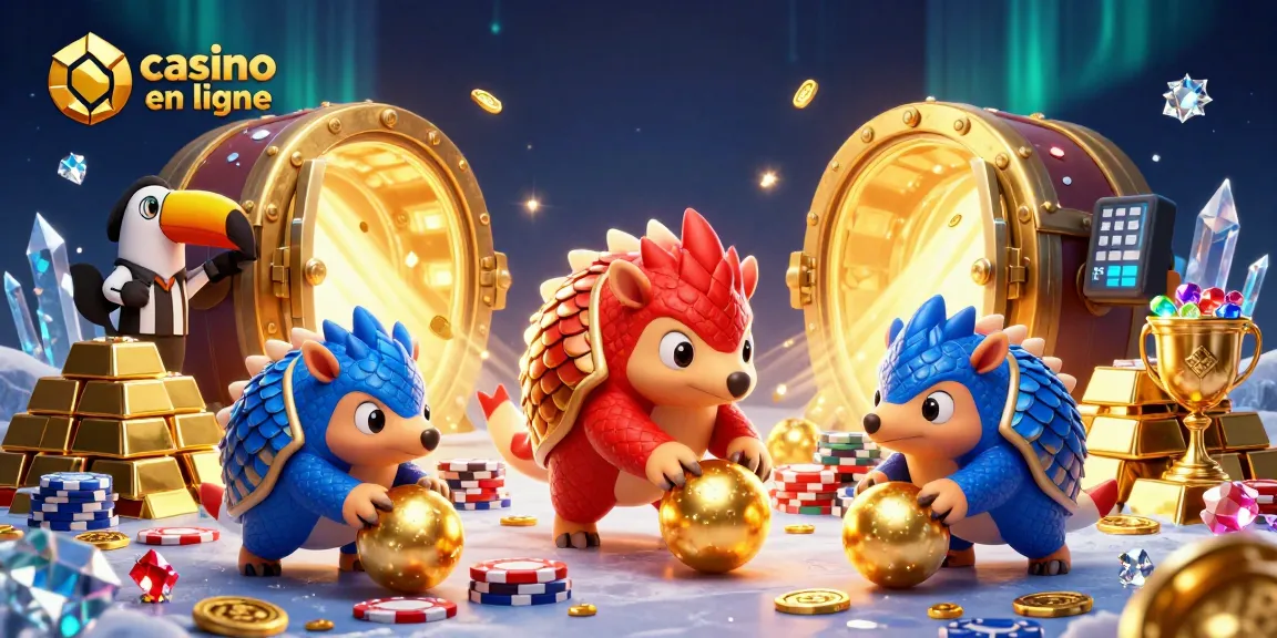 Les pangolins rivalisant lors d'un jeu de casino en ligne avec des jetons et des trésors