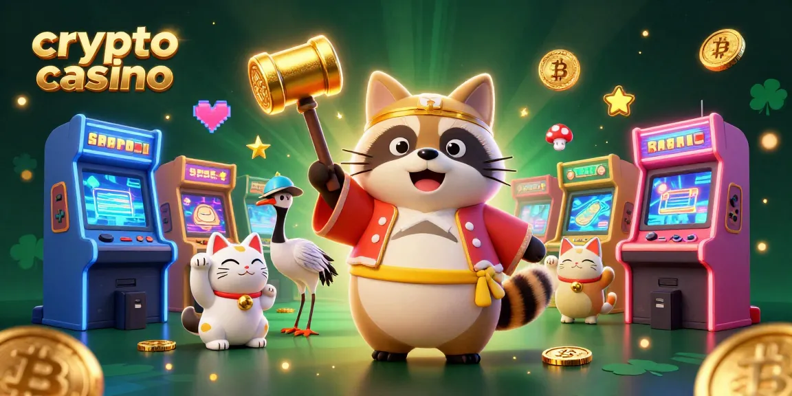 Découvrez un crypto casino animé avec un tanuki joyeux, des pièces Bitcoin, et des jeux colorés.