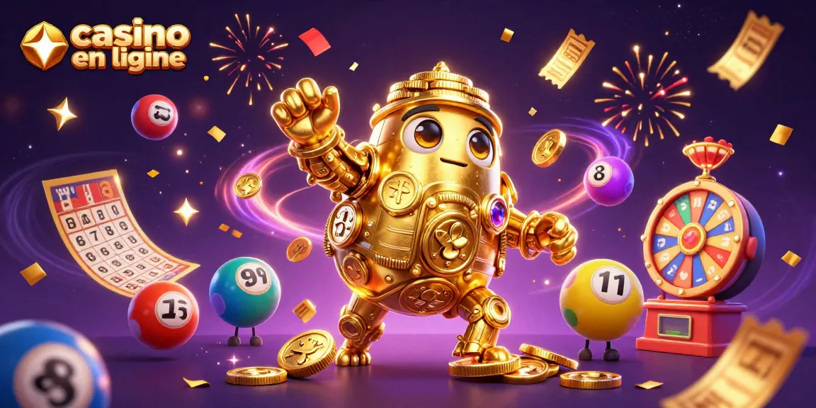 Jouez sur un casino en ligne avec un golem doré, des ballons de loterie et des effets festifs.