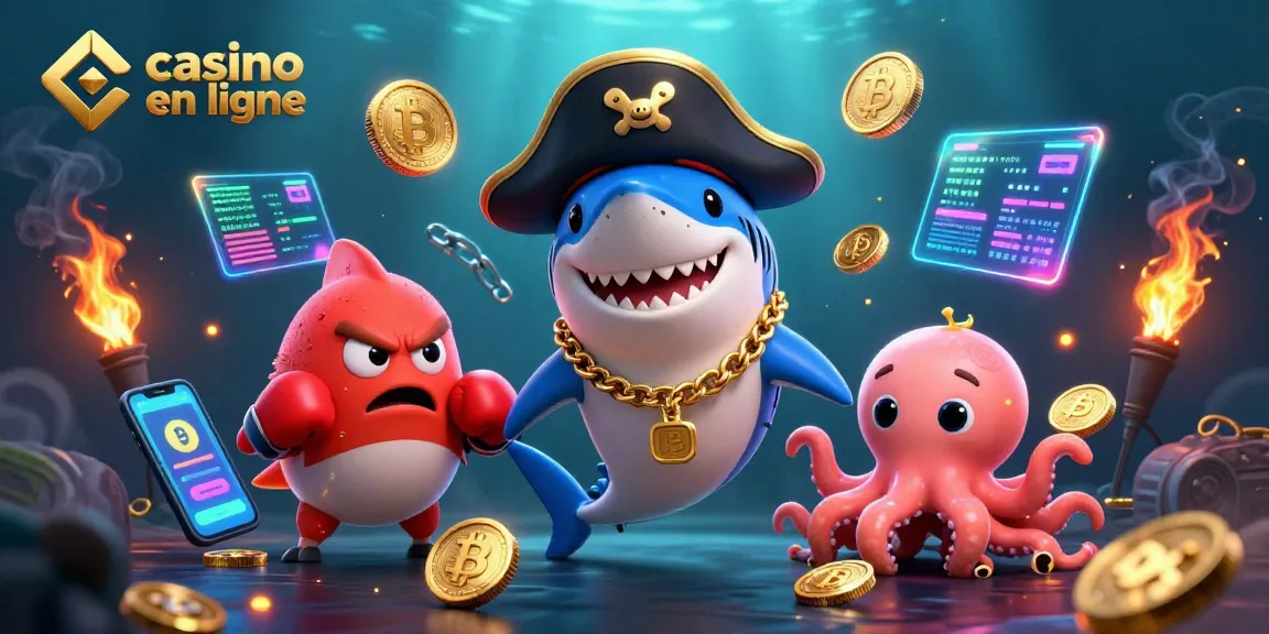Plongez dans l'univers captivant d'un casino en ligne avec un requin pirate, un poisson-globe et une pieuvre.