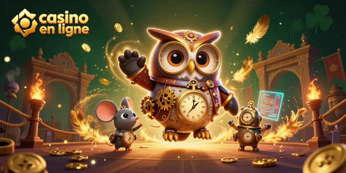 Illustration casino en ligne présentant un hibou steampunk et une souris mécanique entourés d'éléments de jeu