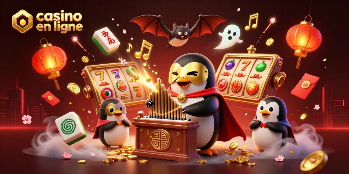 Illustration de casino en ligne avec un pingouin fantôme jouant de l'orgue et des pièces d'or flottantes.